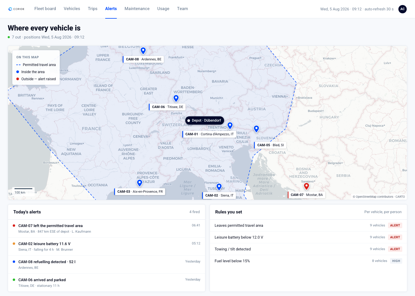 Live map of Europe with the permitted travel area drawn, seven campers inside it and one outside raising an alert