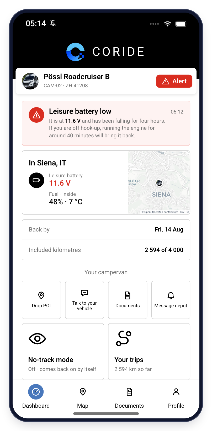 The coride app on a phone: the camper's own photo at the top, the leisure-battery alert, where the van is on the map, the kilometres included, and no-track mode