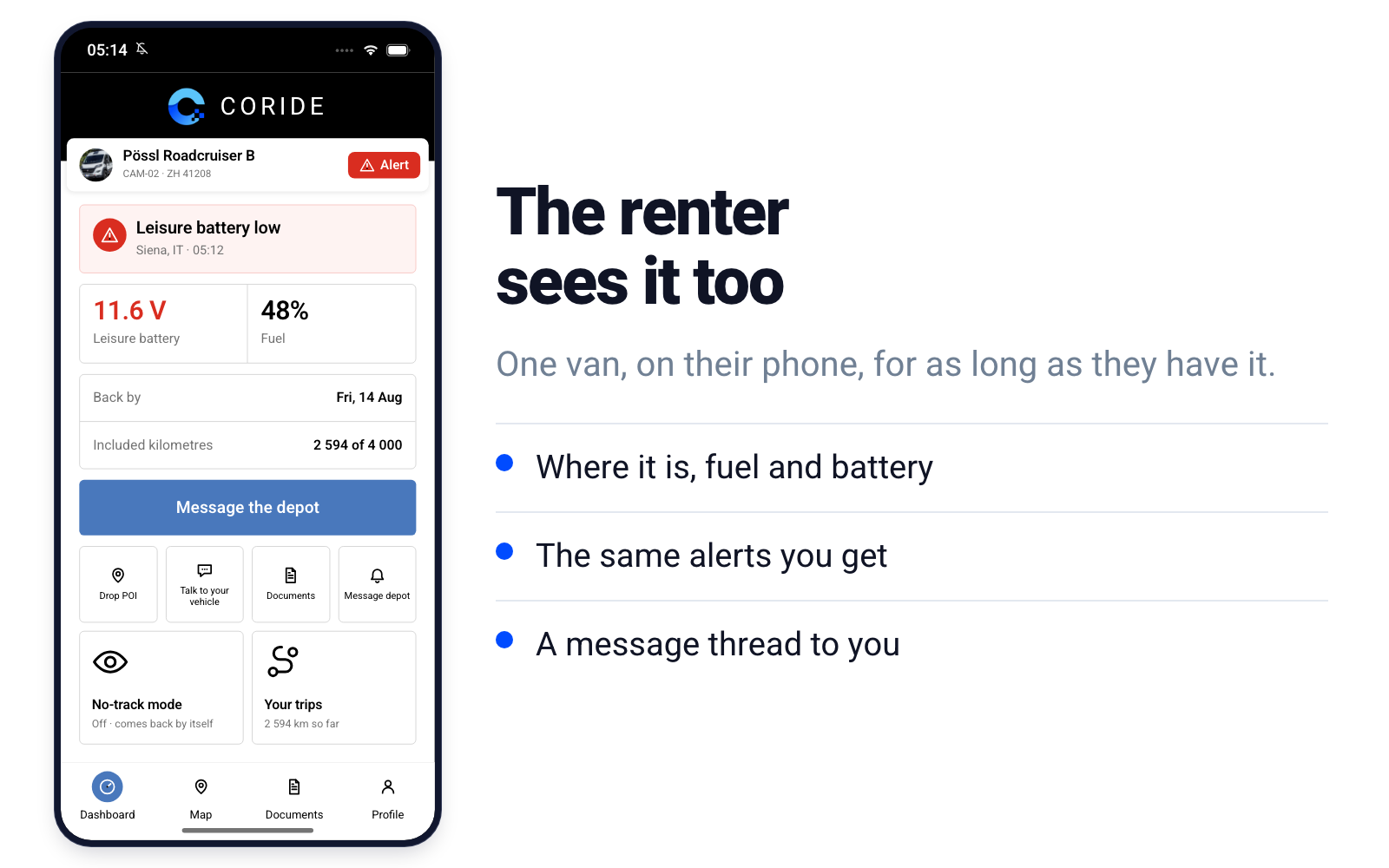 The coride app showing one camper's battery, fuel and a message thread to the depot