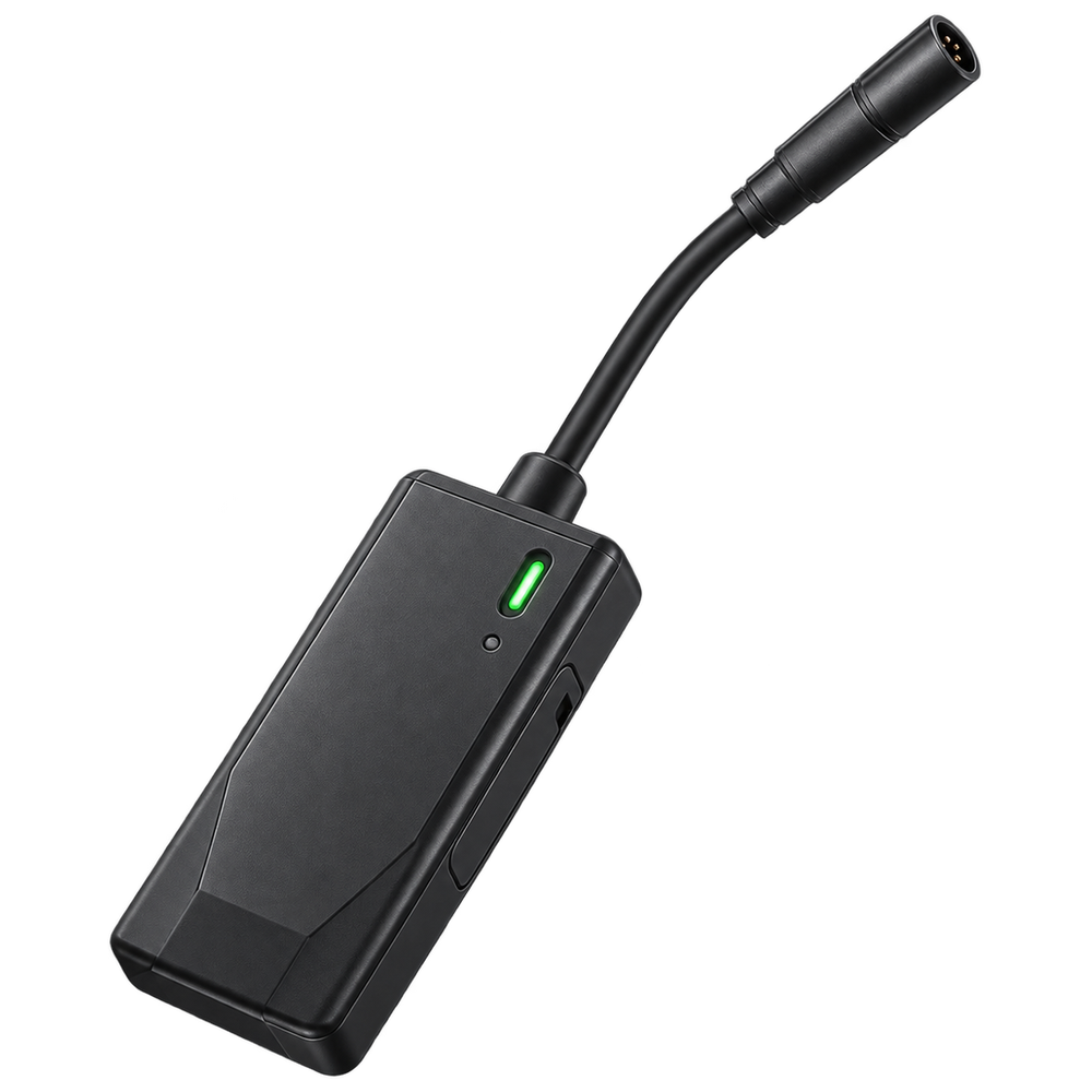 The connectivity device: a small sealed black module with a status light and a connector lead