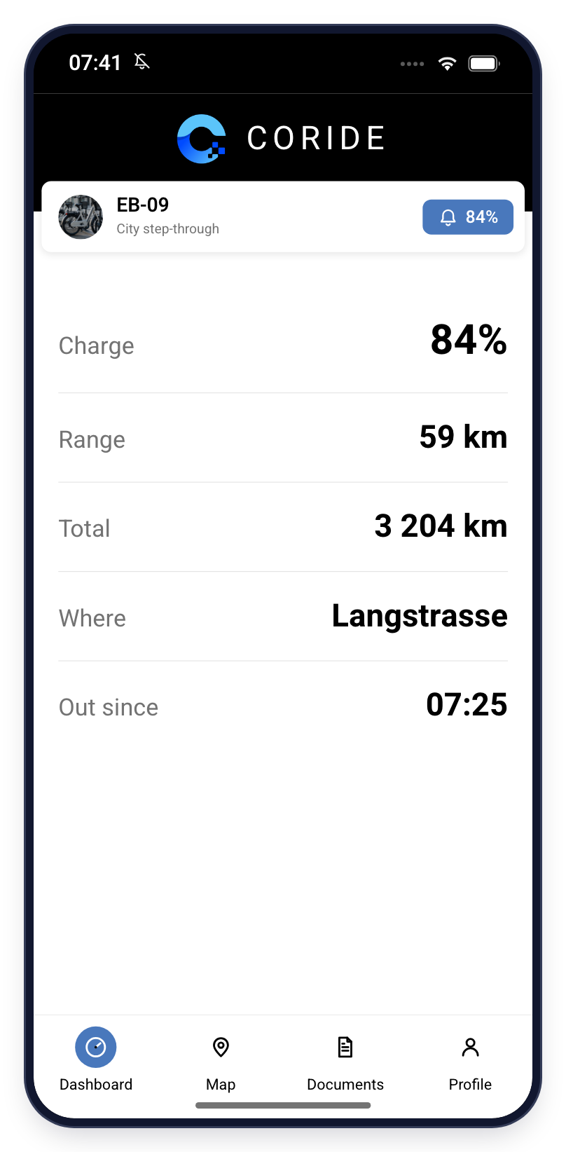 The coride app on a phone, showing one e-bike's charge, range and total distance