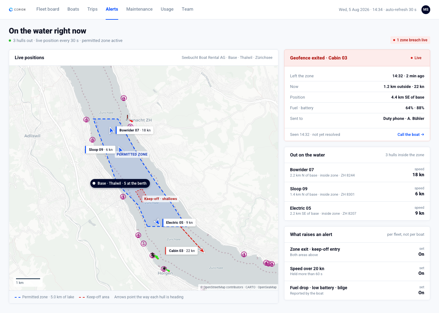 Live map with the permitted zone drawn, three boats inside it and a geofence-exited alert for a fourth