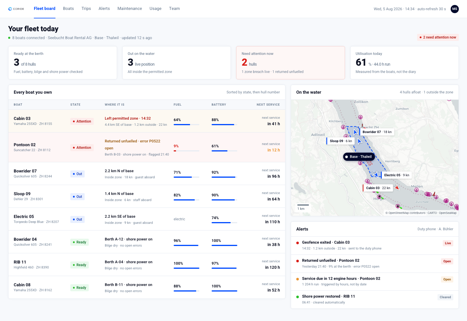 coride marine fleet board: eight boats with ready, out and needs-attention states, live map and alerts