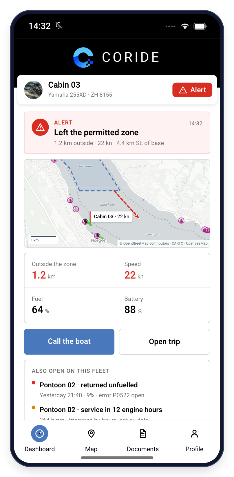 A geofence alert arriving on the duty phone: the hull's own photo and name at the top, how far outside the permitted zone it is, its live position on the map, and speed, fuel and battery