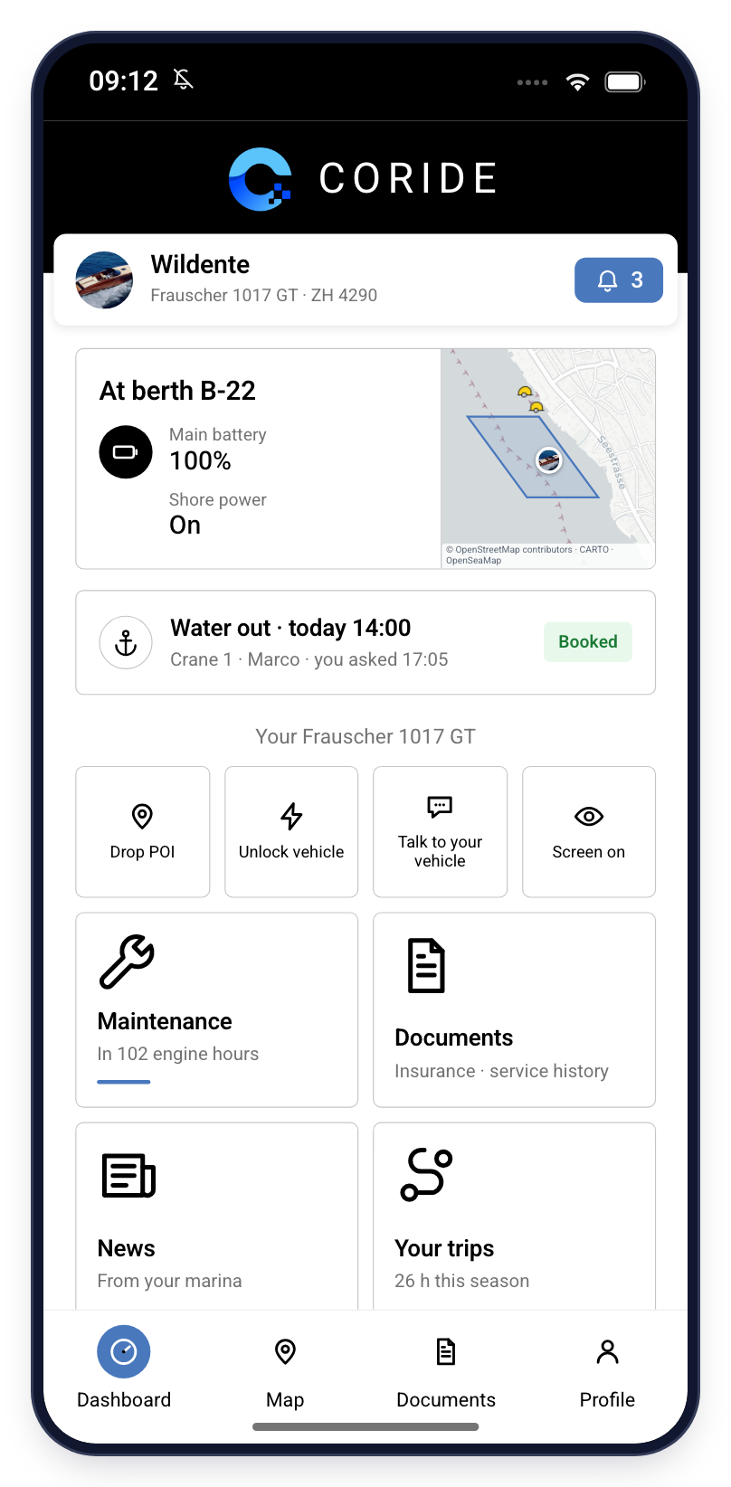 The coride owner app: a customer's own boat at its berth with battery and shore power, and the water-out they requested in the app now booked for 14:00
