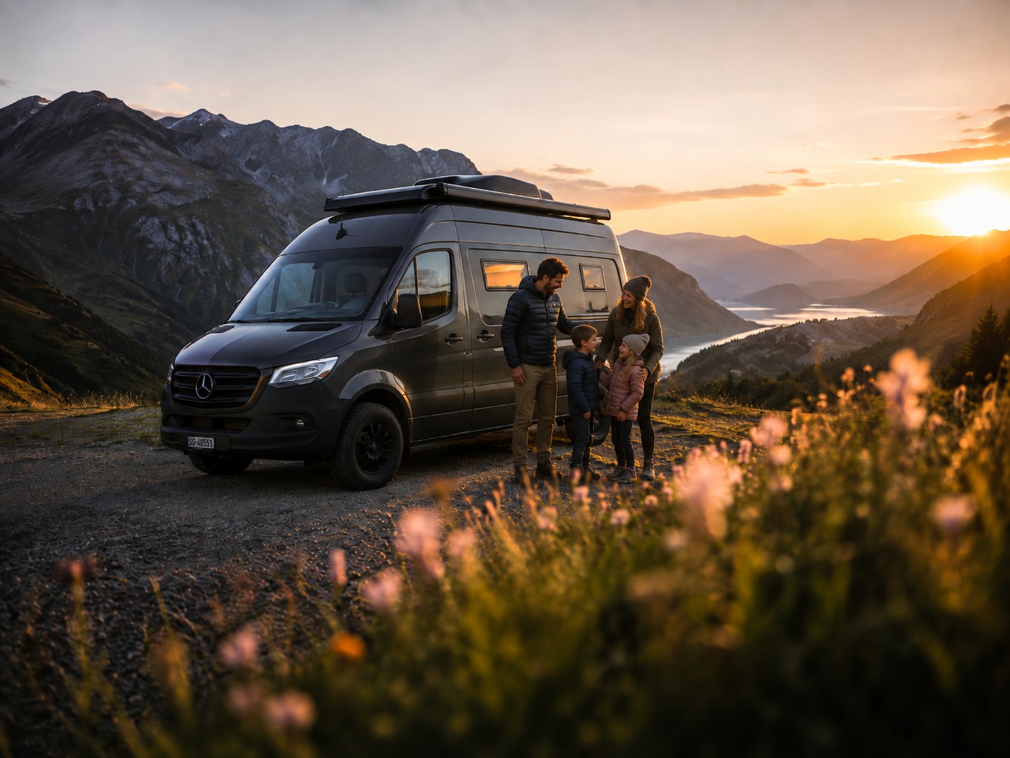 A family standing beside their campervan at an alpine pass at sunset, two children between the parents, the valley and a lake below them and the last of the sun down the range