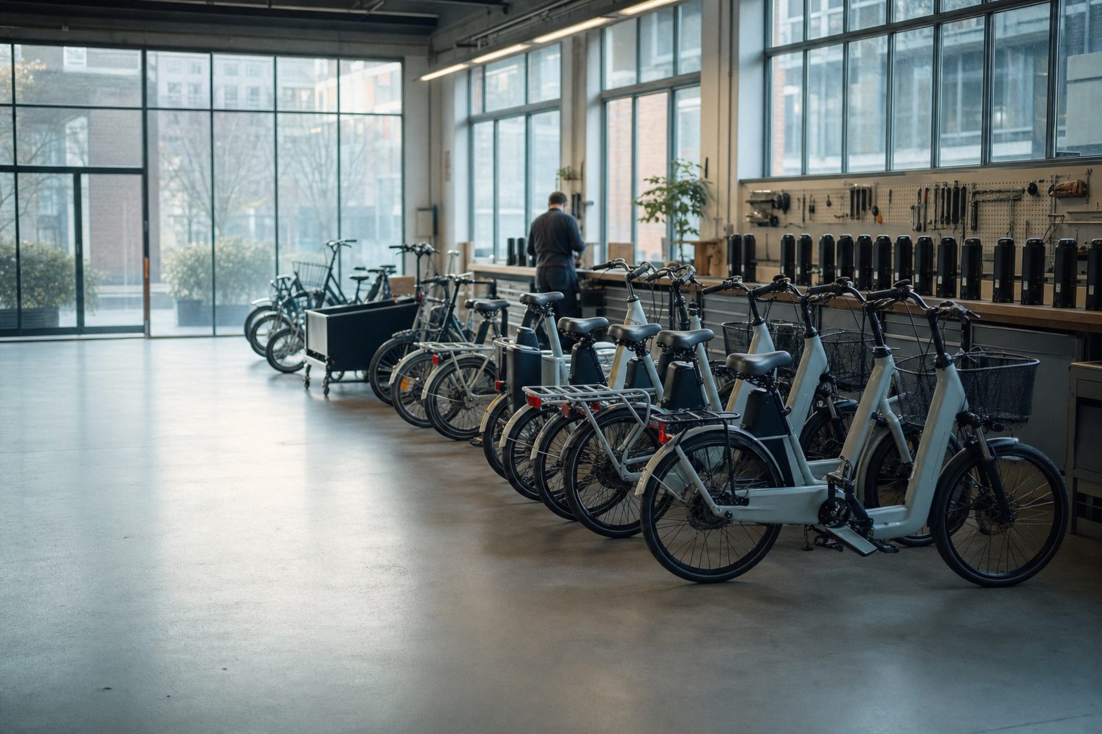 A city e-bike fleet in its own depot, with removable batteries lined up on charge along the workbench