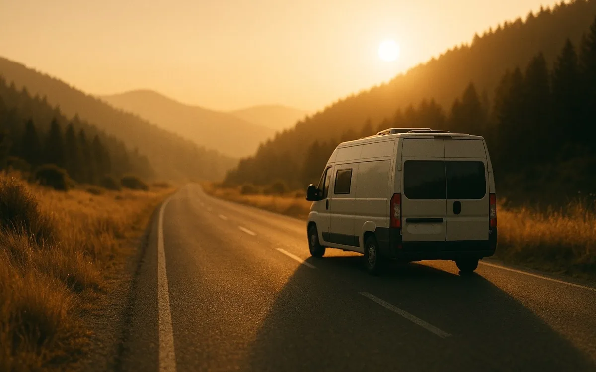 A campervan on an empty mountain road at golden hour