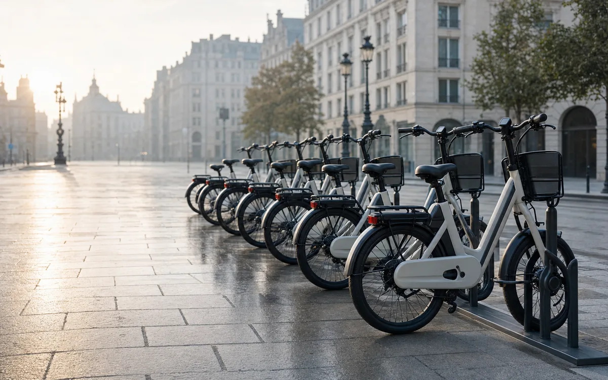 A row of city e-bikes in a docking rack on a European city square at first light