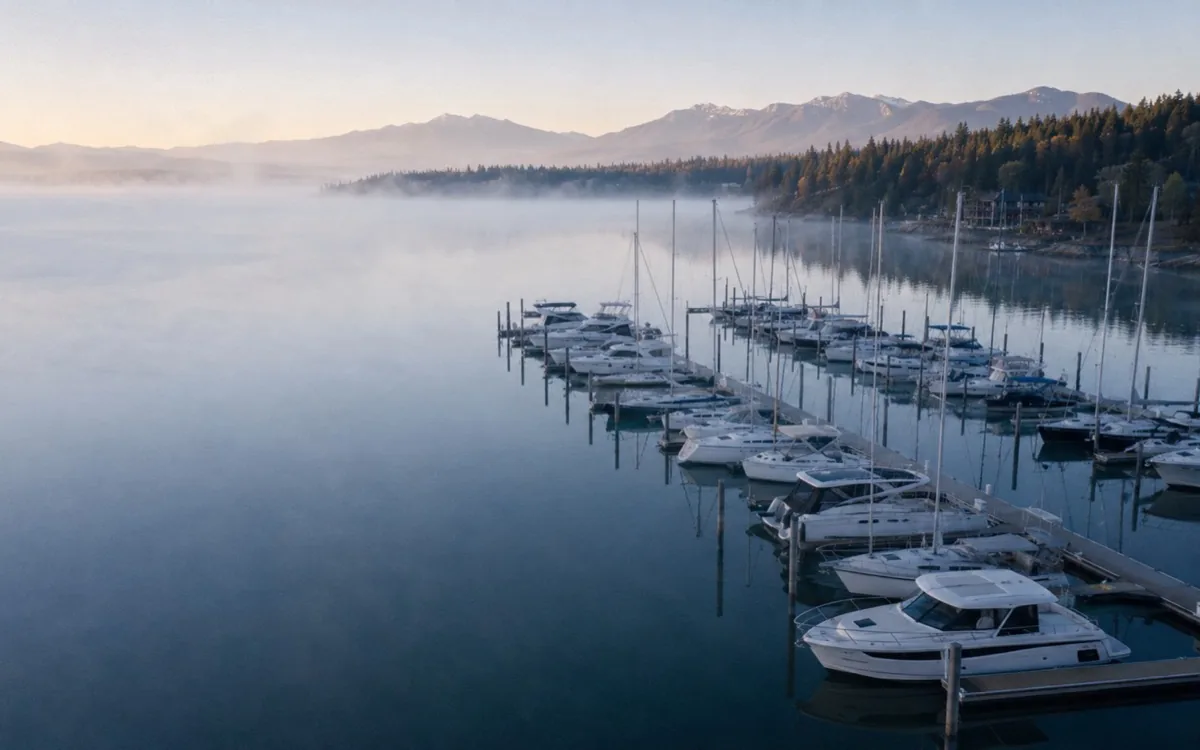 A marina at dawn, boats in their berths along the pontoon