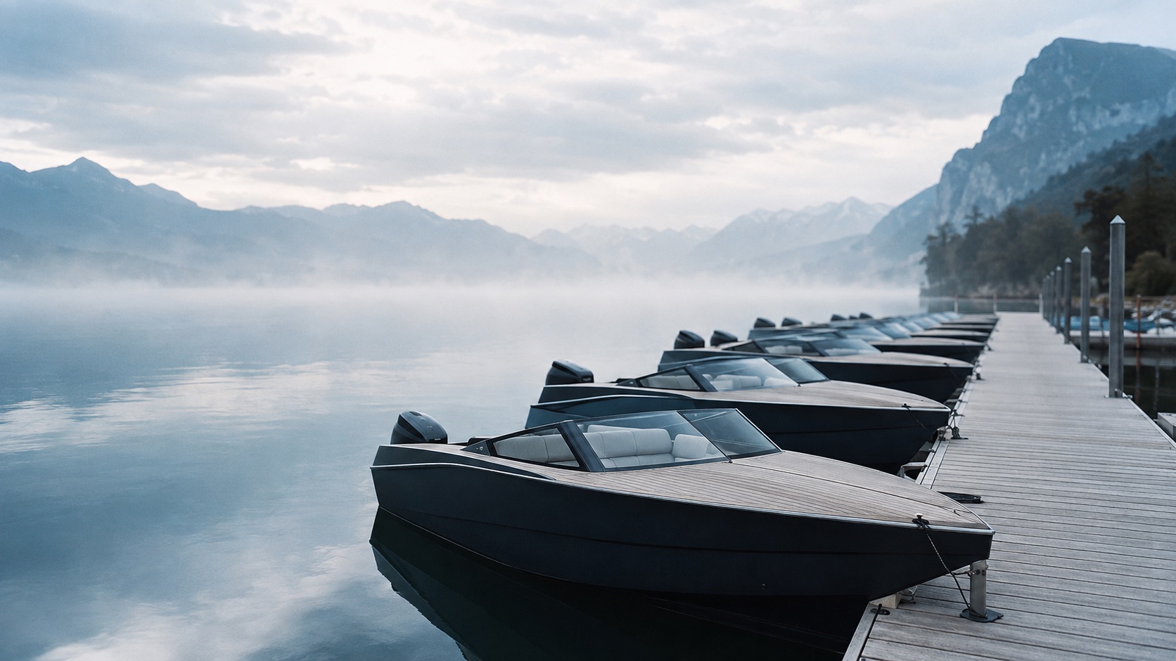 A row of modern dark-hulled day boats moored along a timber pontoon on a misty alpine lake at first light, mountains soft in the distance