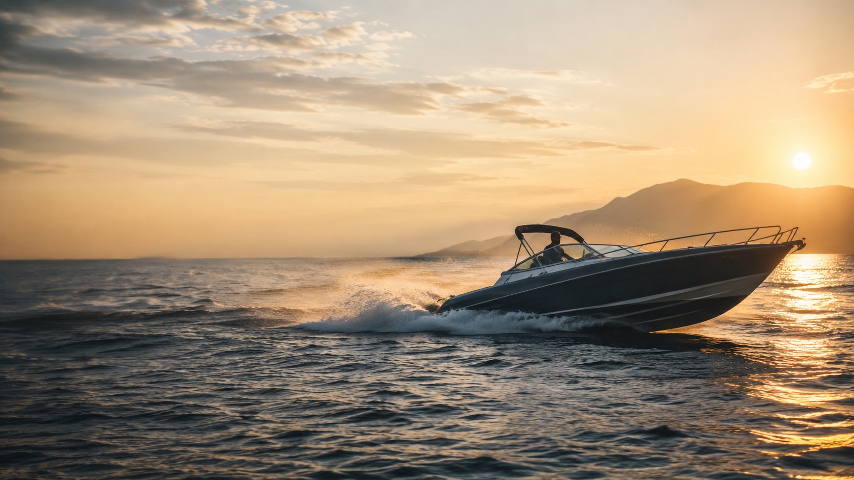 A modern day boat running home across open water at sunset, the sun low behind a headland
